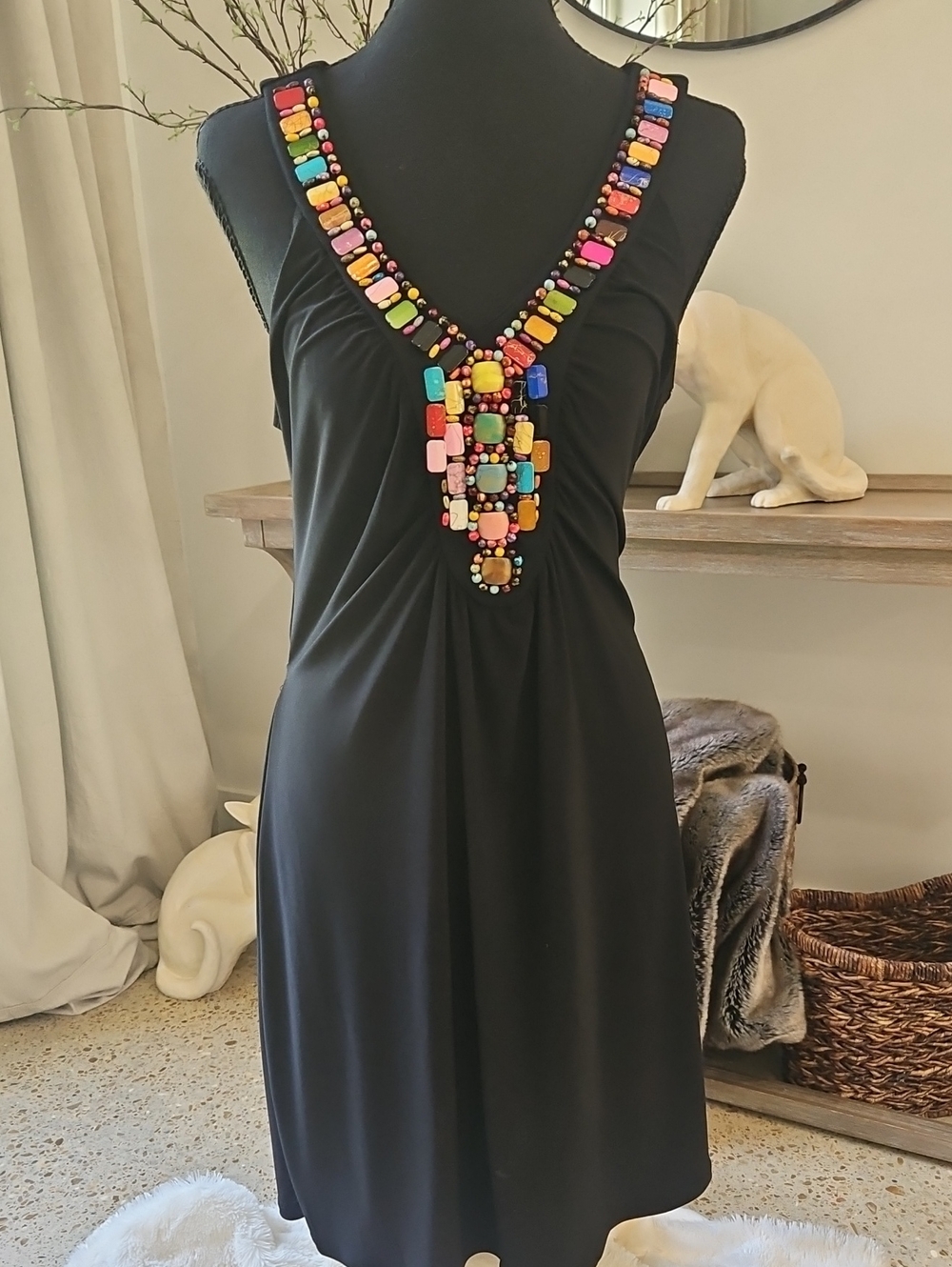 J•F•W Women'sBlack V-Neck Dress with Multicolor Beaded. Size M Cocktail Dress